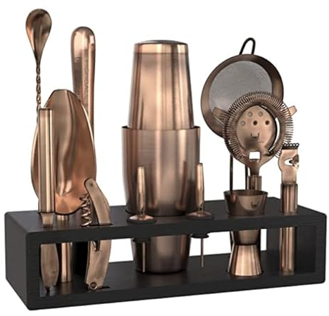 Highball & Chaser Bar-Set mit schwarzem Bambusständer, schönes Cocktail-Shaker-Set und Bar-Werkzeuge, Edelstahl, Boston-Shaker, Barkeeper-Set mit Ständer