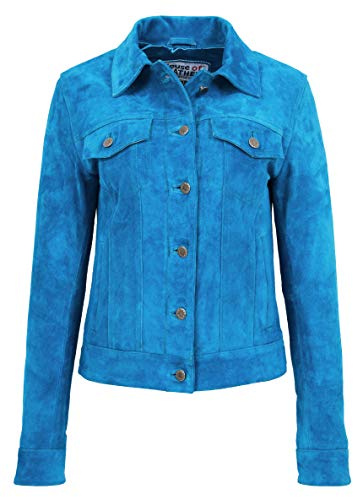Womens Real Suede Trucker Jacket Western Style Alma (14, Teal)