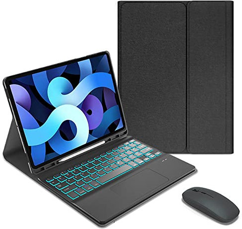 QYiiD Tastatur mit Touchpad für iPad Air 4 Gen 10,9 2020, Schutzhülle mit Standfunktion für Eingabestift, abnehmbare Hintergrundbeleuchtung und Maus für iPad Air 4 Gen 10,9 2020, Schwarz