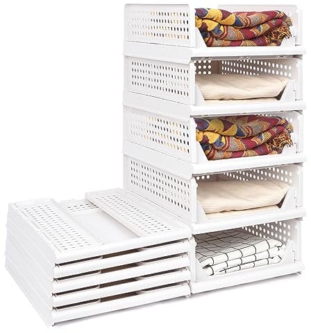 OSTWOLKE Kleiderschrank Organizer Stapelbare 5er Set, Faltbar Schrank Organizer, Wardrobe T-shirt Aufbewahrungsboxen, Schubladen Aufbewahrungsbox für Schlafzimmer, Küche, Badezimmer Weiß