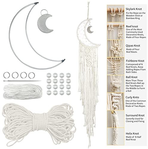 LEREATI Kit Attrape Rêve à Fabriquer pour Adultes Débutants Lune Macramé Kit, Complet avec Macramé Corde 3mm, Cercle Métal, Perles pour Décoration Chambre Maison (Naturel)