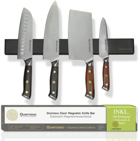 QUINTESSIO - Barre aimantée pour couteaux - Barre magnetique en acier inox 40 cm - Support couteau de cuisine - Aimant couteau mural - Barre aimantée porte couteaux - Porte couteaux aimanté - noir