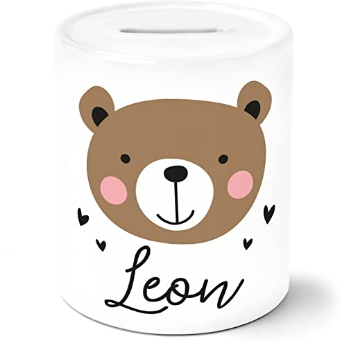 SpecialMe® Kinder Spardose mit Namen Bär Fuchs Einhorn Tiermotive personaliserte Geschenke Sparschwein Keramik Bär weiß Spardose