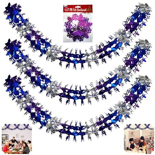 3PCs Christmas Ceiling Decorations - Foil Snowflake Garland & Festive Wall Hanging Decor in Purple, Silver & Blue | Indoor Xmas & New Year Decorations