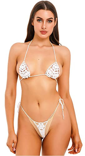 IEFIEL Femme Ensemble Maillot De Bain 2 Pieces Tricot Crocheté G String avec Bra Top Handmade Crochet Micro Bikini Set Plage Bain De Soleil Blanc M