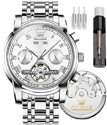 OLEVS Automatische selbstaufziehende Skelett-Armbanduhr für Herren, luxuriöser Edelstahl mit Datum,wasserdicht, Mode, Mechanische Uhren Wasserdicht für Herren
