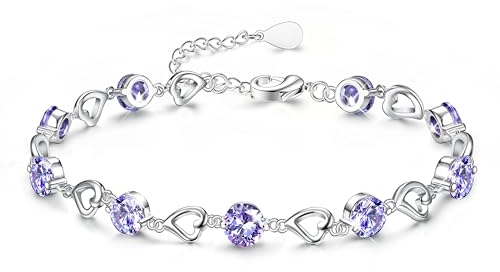JeweBella Silber Armband für Damen Mädchen Verstellbares Liebes Herz Armband Glänzender Zirkonia Kristall Armbänder Armkette Armband Freundschaftsarmbänder für Frauen Mädchen Weiß/Blau/Rosa/Lila
