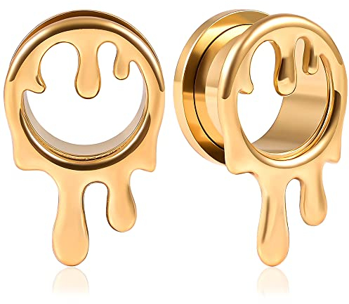 Vankula Ohr Tunnel 1 Paar Double Flared Flesh Plugs Wassertropfen Edelstahl für männer damen Ohrpiercing Schmuck 10mm(00G) Gold