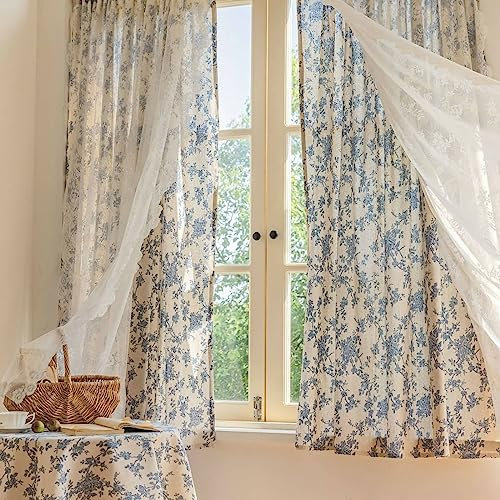 Mesnt Tende da Finestra Oscuranti, Tenda oscurante bianca con motivi di rami di fiori per la camera da letto/soggiorno in Cotone, Blu-Gancio, 140x280cm (LxA)