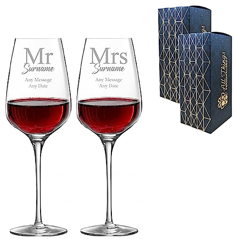 Personalised Engraved Set of Mr and Mrs Wine Glasses, Gift Boxed, Anniversary or Wedding Gift, Two 15.8oz/450ml Sublym Wine, Classic Font Design, Engraved in The UK