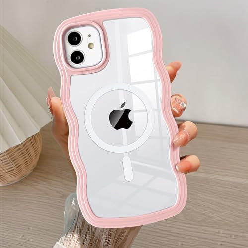 QLTYPRI Magnetic for iPhone 12 Case/iPhone 12 Pro Case Compatible with Magsafe, Cute Curly Wave Frame Clear Case for Girls Women, Transparent TPU Bumper Shockproof Phone Case Cover - Pink