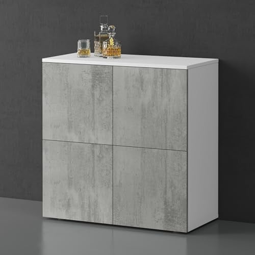 doporro Sideboard Kommode 76 cm in Matt Weiß und Beton Aufbewahrungsschrank Bodenstehend für Ihren Wohnbereich Viel Stauraum Schrank 04