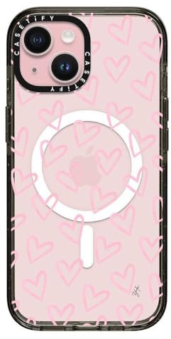 CASETiFY Impact Case for iPhone 15 [4X Military Grade Drop Tested / 8.2ft Drop Protection/Compatible with Magsafe] - HEARTS/Light Pink Thin - Clear Black