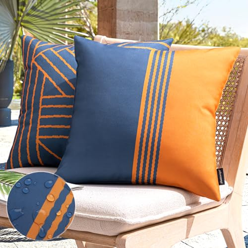 Phantoscope 2 Stück wasserdichte Outdoor-Kissenbezüge, geometrische Streifen, dekorativ, quadratisch, Terrassenkissen, Kissen für Couch, Zelt, Sonnenbrella, Blau und Orange, 45,7 x 45,7 cm