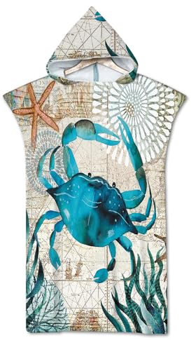Rowjoy Strandtuch Poncho, Ozean Tier Drucken Surf Poncho, Blau Unterwasser Welt Strandtuch mit Kapuze, Handtuch Poncho Schnell Trocknender Badeponcho für Erwachsene (Crab-75x110cm)