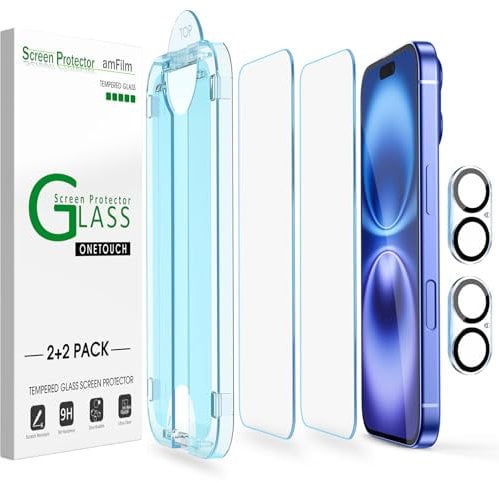 amFilm OneTouch 2+2 Pack Compatible with iPhone 16 Plus Screen Protector 6.7 Tempered Glass and Camera Lens Protector, Premium Easiest Installation Kit 9H, Case Friendly Anti-Scratch HD