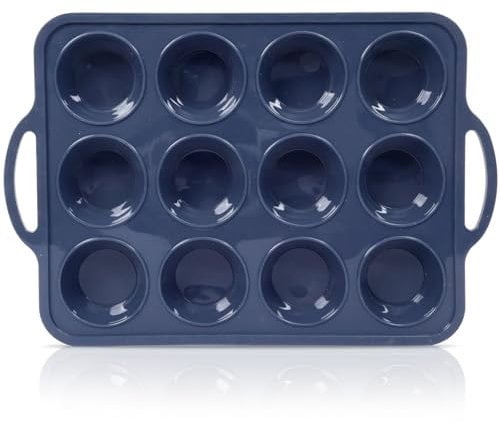 SUPER KITCHEN 12 Cup Regular Size Silicone Muffin Tray with Metal Frame, Silicone Cupcake Tray with Handle, Non Stick Yorkshire Pudding Tray, Silicone Muffin Moulds for Baking, Muffin Tin, Grey