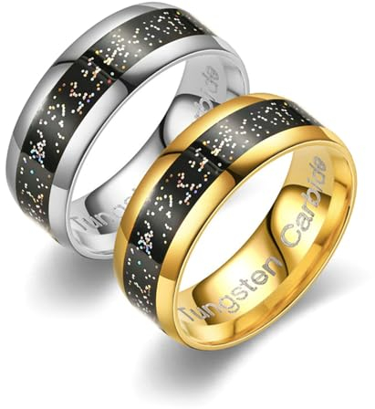 Daesar Ringe Hochzeit Set 2 Ringe, Partnerringe Personalisiert 8MM mit Sternenhimmel Motiv Verlobungsringe Paar Freundschaftsringe Wolframcarbid für 2 Gold Gr.72 (22.9)& Silber Gr.51 (16.2)