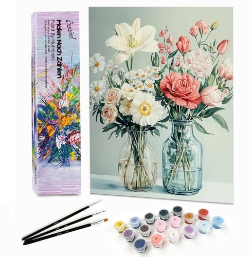 Bougimal Peinture par Numéro Adulte Paysages avec Pinceaux et Acryliques Bricolage Peintures Kits, pour la Décoration Intérieure maison, Fleurs 8 28x35cm(sans Cadre)