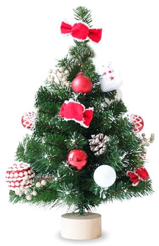 Kleiner Weihnachtsbaum und rote Dekorationen | Tischweihnachtsbaum, 66 Zweige aus PVC und Tannennadeln mit weißem Ende | Vorgeschmückter künstlicher Weihnachtsbaum