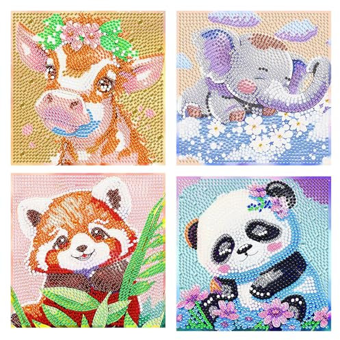 Rongxze 4 Piezas Diamond Painting Niños, 5D Animales Pintura Diamante, Diamond Painting Bricolaje para Decoración de Pared del Hogar, Regalo de Cumpleaños (17×17cm)