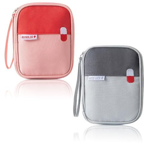 2 Stück Reiseapotheke Tasche, Klein Medikamententasche Reiseapotheke, Mini Erste Hilfe Tasche Leer, Tragbar Apothekentasche Medikamenten Aufbewahrung, für Office Camping Reisen Schule (Grau Rosa)