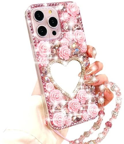 Changjia for iPhone 16 Pro Max Glitter Bling Case,Cute 3D Sparkle Heart Makeup Mirror Crystal Rhinestone Flowers Diamond Gems with Lanyard Wrist Strap Women Girls Case for iPhone 16 Pro Max 6.9, Pink