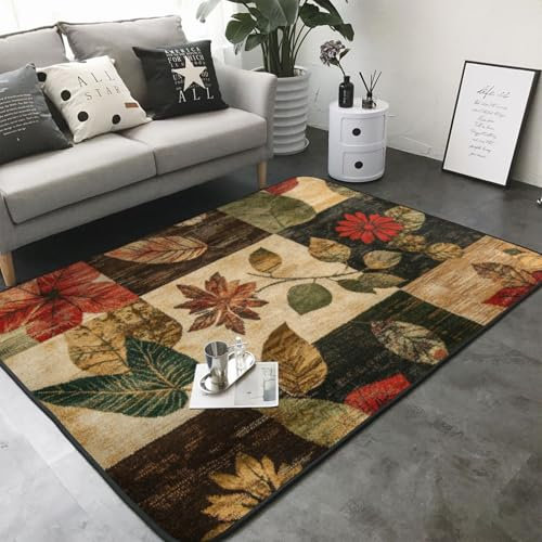 QIYI Rot Floral Teppich Kurzflor, rutschfest Blumen Grün Blätter Patchwork Teppiche, Waschbar Weicher Braun Floral Retro-Blumenteppich Beige Creme für Schlafzimmer Wohnzimmer Büro Rustikal 160x230cm
