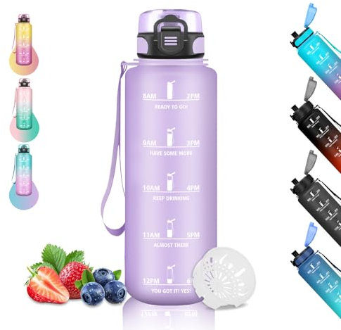 Gourde 1.5L, Gourde Sport avec Filtre, Gourde Motivation avec Marqueur de Temps, Gourdes de Camping et Randonnée, anti Fuite, Facile à Nettoyer, Gourde Adulte pour Running, Vélo, Musculation, Cámping