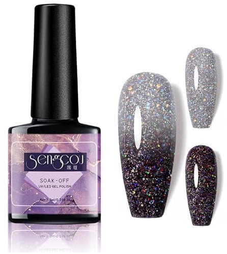 Colour Changing Gel Nail Polish, Nail Polish with Thermal Temperature Color Changing, Black Diamond Glitter Reflective Gel Polish Long Lasting Glossy for Women DIY Nail Art Manicure at Home