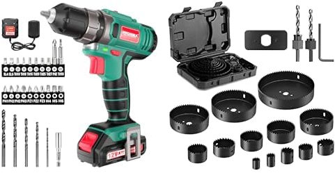HYCHIKA Trapano Avvitatore Batteria 12V, 2 Velocità 21+1 Impostazione Della Coppia Massima di 30 Nm, 5x Punte Elicoidali, 20x Pezzi di Viti, & Sega a Tazza per Legno 19 Pezzi