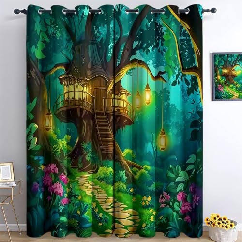 Srigzcaly Cartoon Ancient Forest Treehouse Fantasy Blackout Curtains for Bedroom living Room, 72 Inch Drop Drapes, Green Thermal Eyelet Curtains Window Treatments 2 Panels Set W46 x L72 Inch