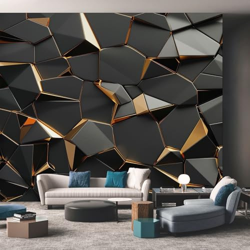 Generisch Tapete Schwarz Gold Geometrie Vliestapete 3D Modern Abstrakt 352X250cm Fototapete Wohnzimmer Motivtapete Schlafzimmer Tapeten Deko, Mustertapete, Wandtapete D3