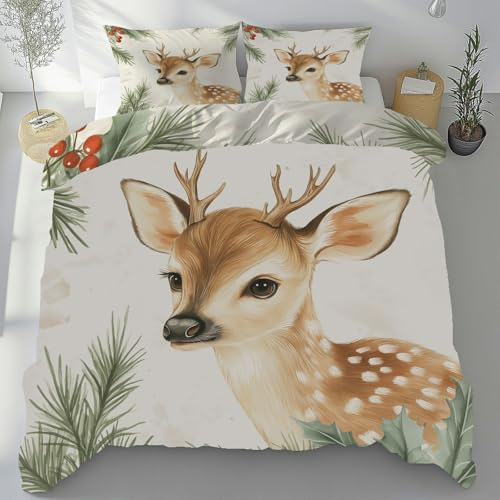 Lwznbio Bettbezüge Sommer 90x200cm Niedlich REH Bettwäsche-Sets Microfaser 3teiligTierliebhaber Kinderbettwäsche mit Reißverschluss mit 2 Kissenbezüge 80x80cm