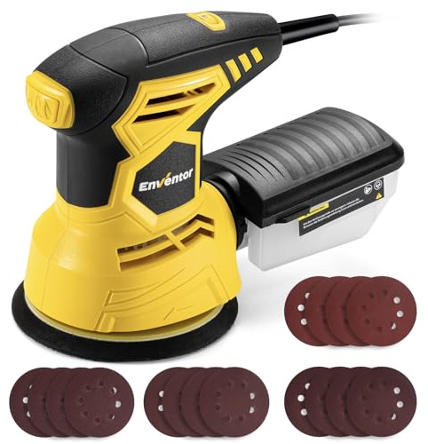 Enventor Exzenterschleifer 125mm, 300W Schleifmaschine 6000-13000 OPM, 6 Gänge, Multischleifer mit Absaugung und Staubbehälter, Schleifgerät inkl. 16 Stück Schleifpapier für Holz und Stahloberflächen