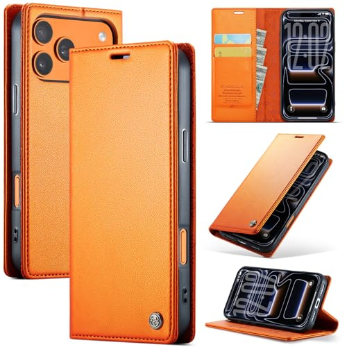 owlhold iPhone 17 Pro hülle klapphülle Premium PU Leder,RFID Schutzhülle,Faltbare Ständer,Handytasche Lederhülle Kartenfach Standfunktion Handyhüll iPhone 17 Pro - Orange