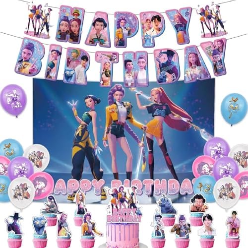 Frlyee K-POP Demon Geburtstag Dekoration Set, Themen Tortenaufsätze Happy Birthday deko Banner Party Deko Geburtstag Set for K pop Fans (A001)