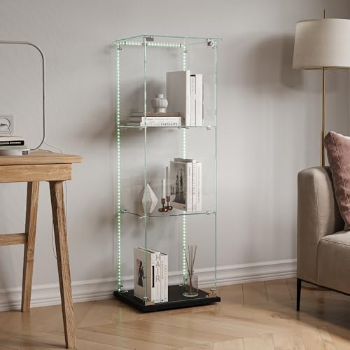 KOOPMAD Glasvitrine Standvitrine,Glasvitrine Schrank mit 1 Tür und LED-Lichtband,3-Stöckige,glasschrank für Wohnzimmer, Büro,Schlafzimmer,40x35x123cm,Einfach zu Montieren, Schwarz
