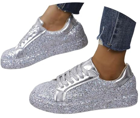 Sfwqoifou Glitzer Schuhe Damen Sneaker Atmungsaktiv Karneval Stoffschuhe Pailletten Schnüren Glitzerschuhe Partyschuhe Flach Turnschuhe Outdoor Freizeit Damenschuhe Tanzschuhe