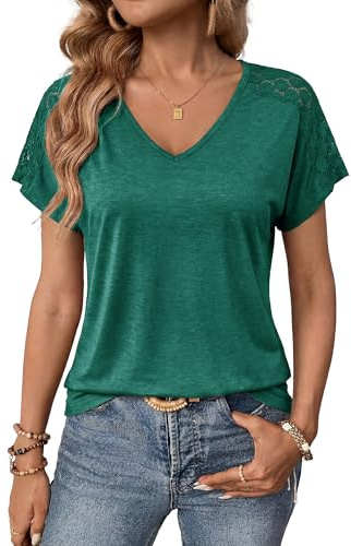 Aottori T Shirts Femme Manches Courtes Col en V Hauts Été Ample Dentelle | Léger et respirant, détails ajourés, volume ample, liberté de mouvement, confortable au quotidien et en vacances