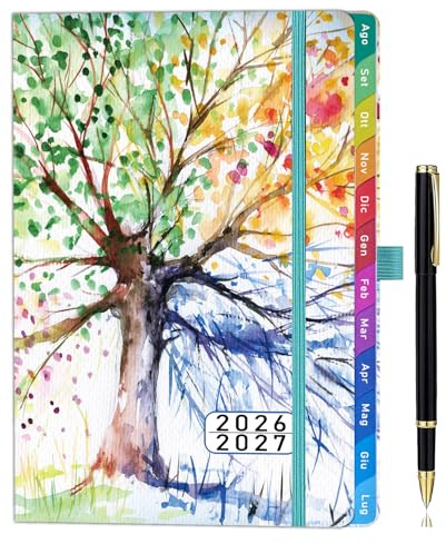 Agenda 2026-2027 Settimanale A5, Versione Italiana, Agosto 2026 – Luglio 2027, Agenda Verticale con Linguette Colorate e Tasca Interna – Albero della Vita