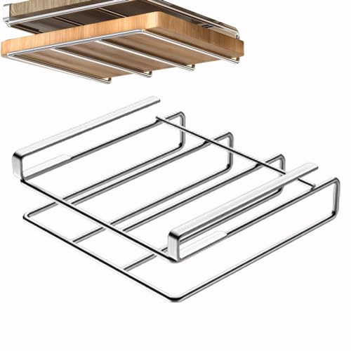 Licsaliwe Stainless Steel Under Cabinet Cutting Board Holder, Punch-Free Heavy Duty Rack, Vertical Horizontal Board Hanger without Lid Holder