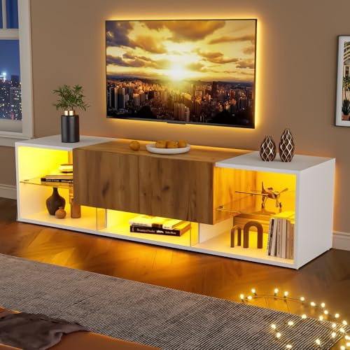 PUGSDRLY 160x40x42 cm Meuble TV Moderne, Support Télé, 2 Tiroirs, Étagère de Rangement en Verre, Adaptée aux Téléviseurs de Moins de 70, pour Salon, Chambre (Blanc Antique + Naturel)