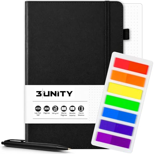 3|UNITY - Bullet Journal Set - Notizbuch A5 Dotted mit Stift & 140 Seitenmarker - Hardcover Journal mit 180° Lay-Flat, 200 Seiten 100 g/m² - Schwarzes Notizheft a5 Ideal für Planung und Gewohnheiten