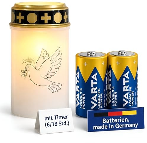 Fachhandel Plus LED Grablicht mit Timer 6/18 Std Motivwahl Grabkerze LED mit Batterie inklusive 2x Varta Longlife C LR14 für Friedhof Gedenkplatz und Außenbereich (Weiß, Taube)