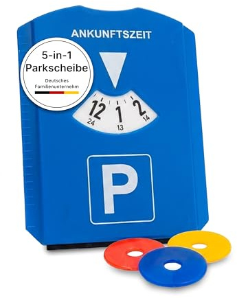 Thomatex® Parkscheibe Blau (Standardgröße) – 5in1 mit Eiskratzer, Eisbrecher, Gummilippe & 3 Einkaufswagenchips – StVO-konform, robust – Eiskratzer Parkscheibe Auto – Deutsches Familienunternehmen