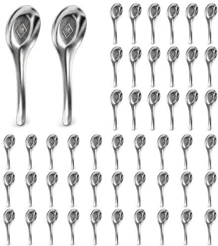 50 Pcs Stainless Steel Soup Spoons Bulk, 15 cm Chinese Soup Spoon | Mirror Polished Asian Spoons Set, Short-Handle Metal Dinner Spoon for Home, Kitchen or Restaurant, Dishwasher Safe, Silver