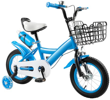 QTREIDG Vélo pour enfant de 12 pouces avec selle réglable, guidon et frein à rétropédalage, 2 à 4 ans, avec panier, gourde, garde-boue, roues stabilisatrices, jusqu'à 40 kg