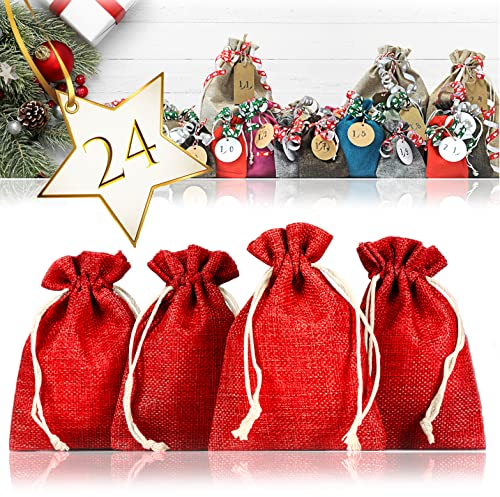 Ganzoo Jutesäckchen/Jute-beutel/Jute-Sack 24er Set für Adventskalender mit Geschenk-Verpackung, 13cm x 9,5cm, Jutebeutel, Stoffbeutel, Natur Säckchen, Geschenksäckchen, Sack, Beutel, Rot