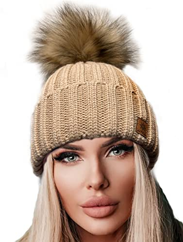 4sold Rita Damen Wurm Winter Style Beanie Strickmütze Mütze mit Fellbommel Bommelmütze HAT SKI Snowboard